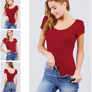 New Boutique Ruby Burgundy Short Sleeve Scoop Neck Bodysuit